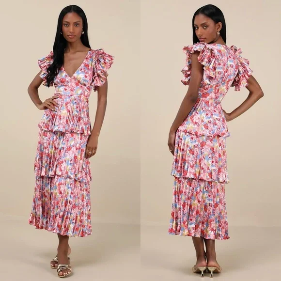 NWT LULUS Floral Satin Tiered Pleated Ruffle Fairycore Wedding Guest Dress M - Picture 2 of 5